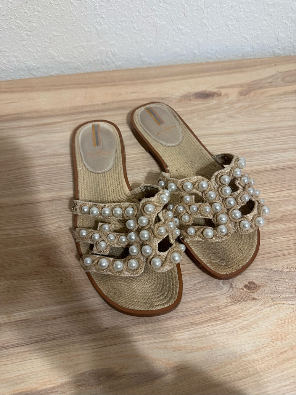 Sam Edelman Pearl-Embellished Beige Slide Sandals